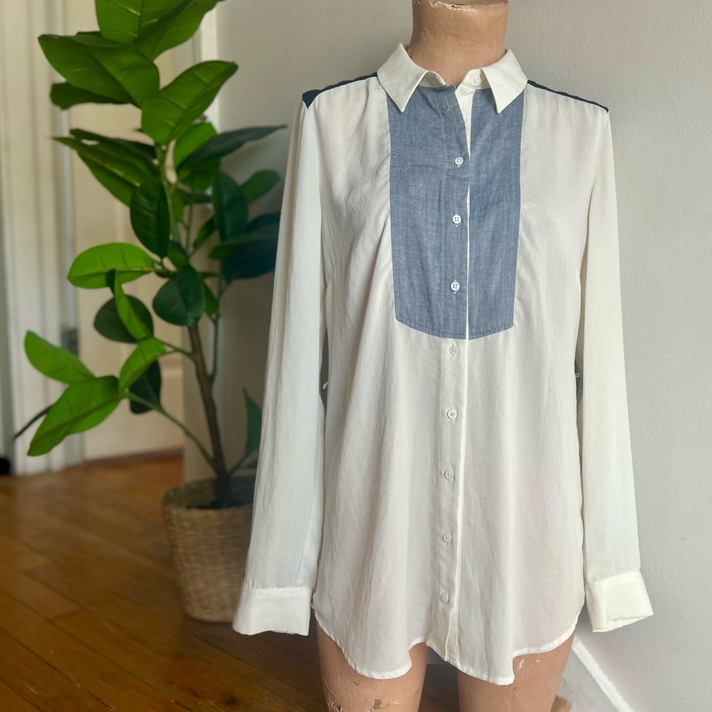 Anthropologie Maeve Button-down Collared Shirt Flowy Tux Black Blue - Size S M 4